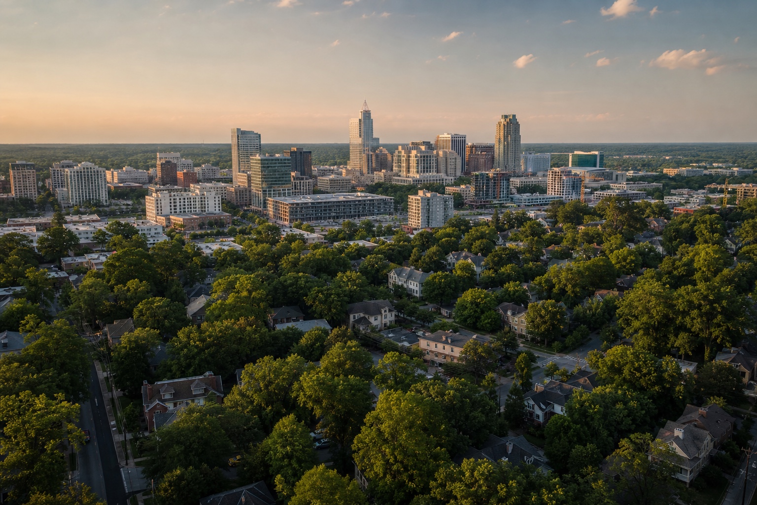 Aerial view of Raleigh's skyline and tree-lined neighborhoods